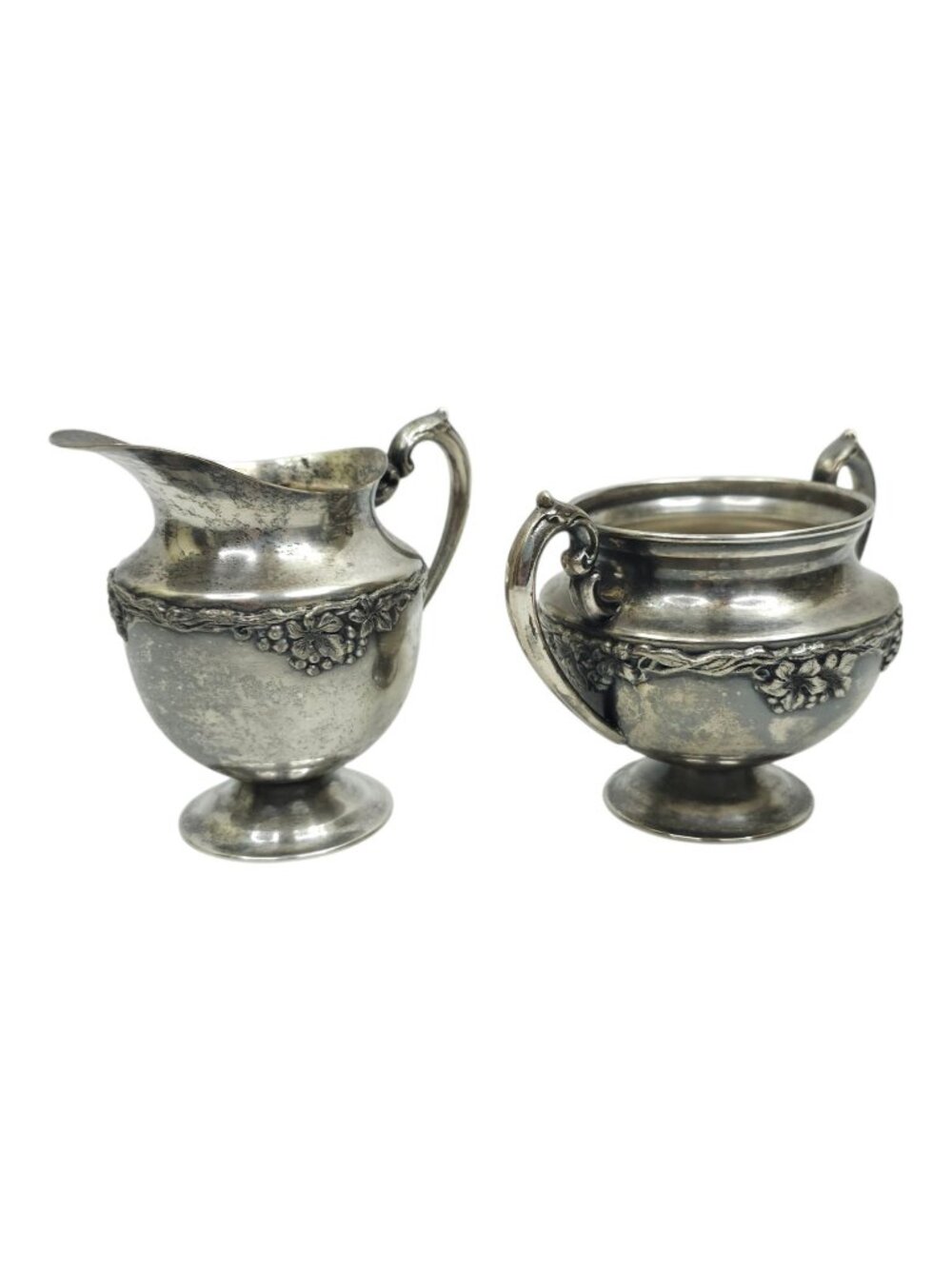 Lehman Brothers Silver On Copper Cream Sugar Bowl Set Vtg Repousse Floral Grape